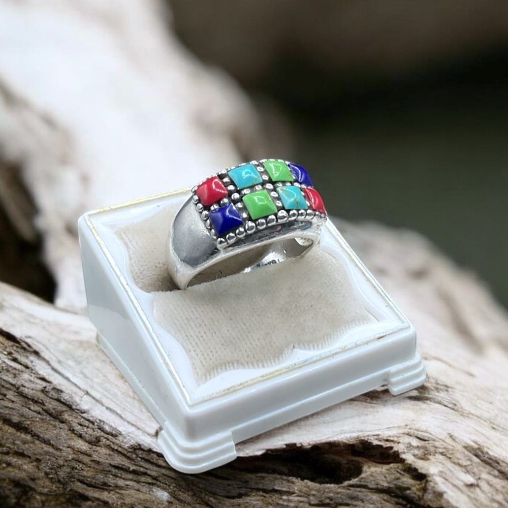 🌺 Sterling Silver Multicolor Stone Ring – Southwest / Zuni Style - Picture 6 of 8